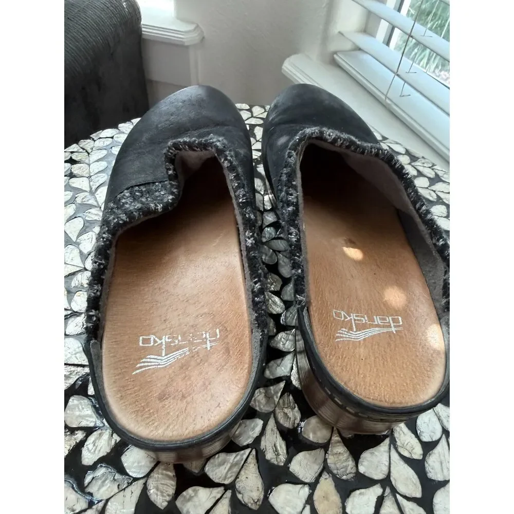 Dansko BEV Burnished Black Nubuck Leather Clog Slip On Mules Sz 39